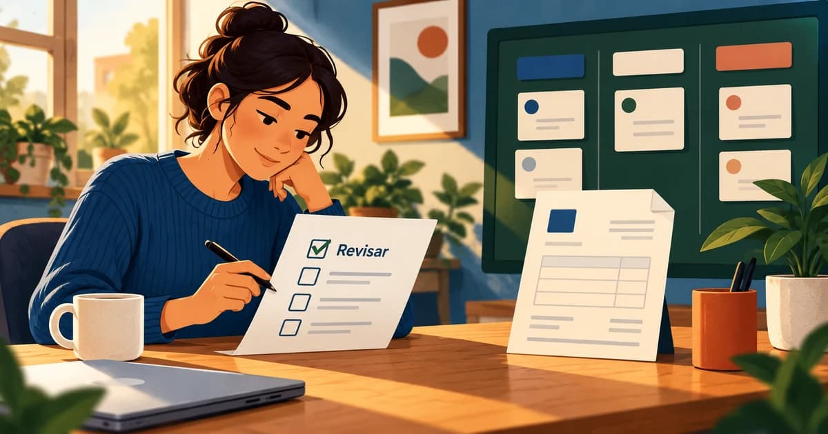 Persona revisa una lista de recordatorio de pago junto a un comprobante y tareas compartidas