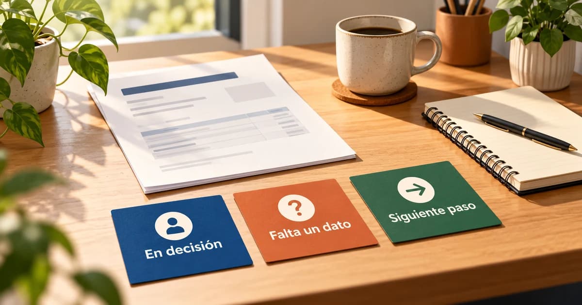 Cotización junto a tarjetas que indican si falta un dato o cuál es el siguiente paso